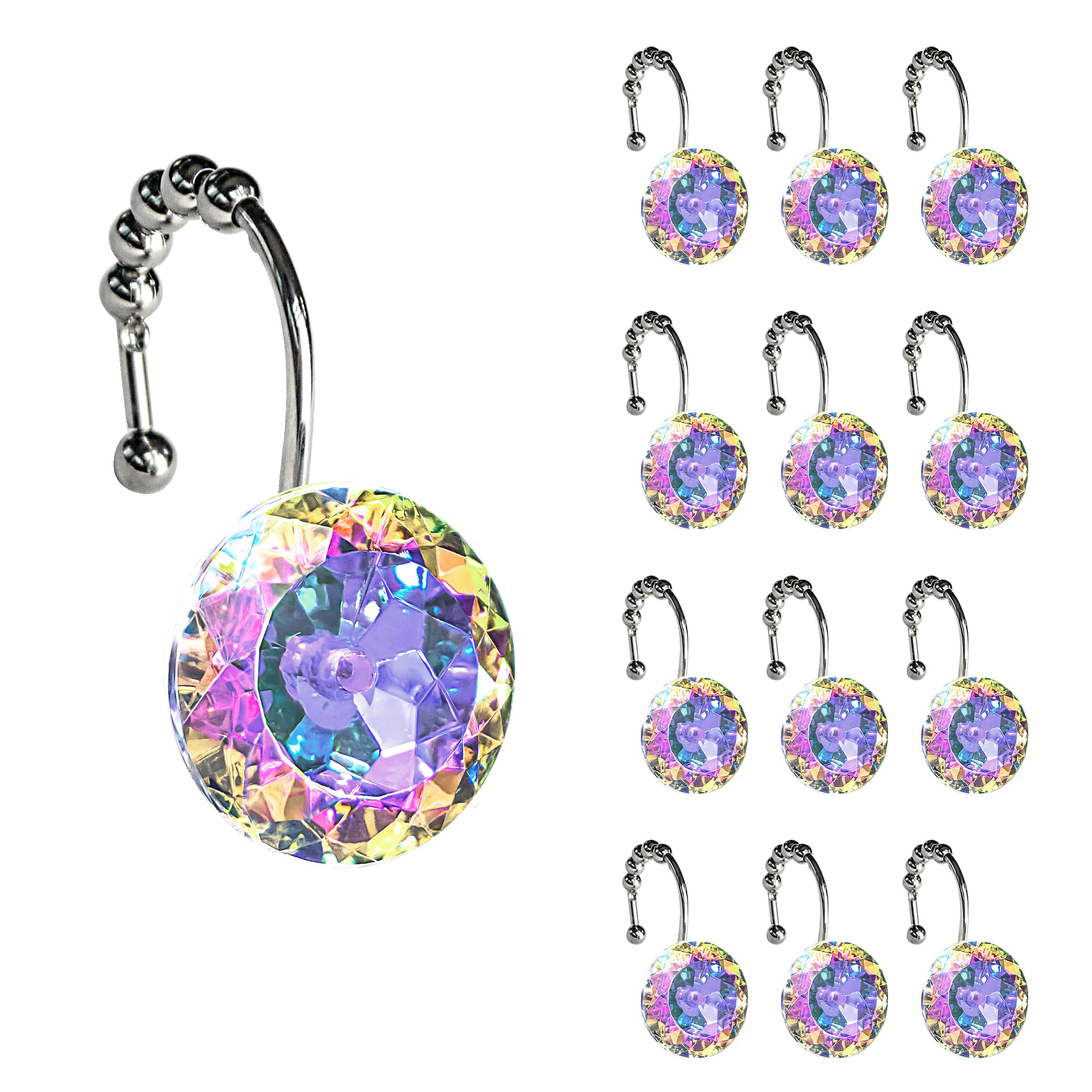 Luxury Design Round Diamond Crystal Gem Bling with Glide Balls Shower Curtain Hooks, Rust Proof Metal Rhinestones Glam Shower Curtain Rings-12 Pack