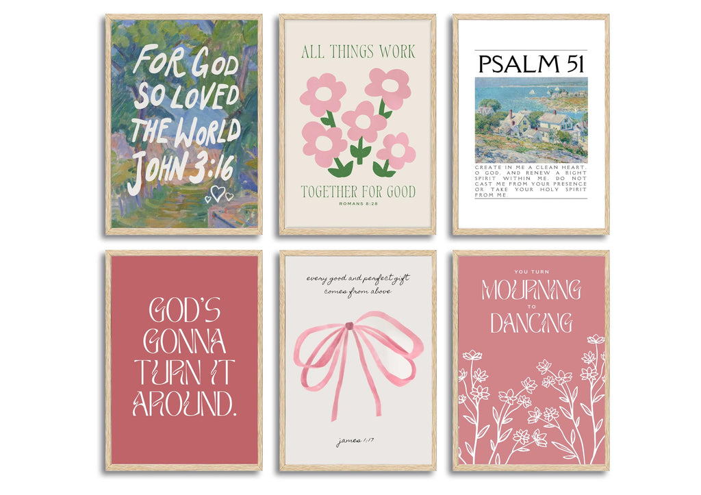 Wall Art Pink Bow Verse Canvas Paintings Decor 6Pcs