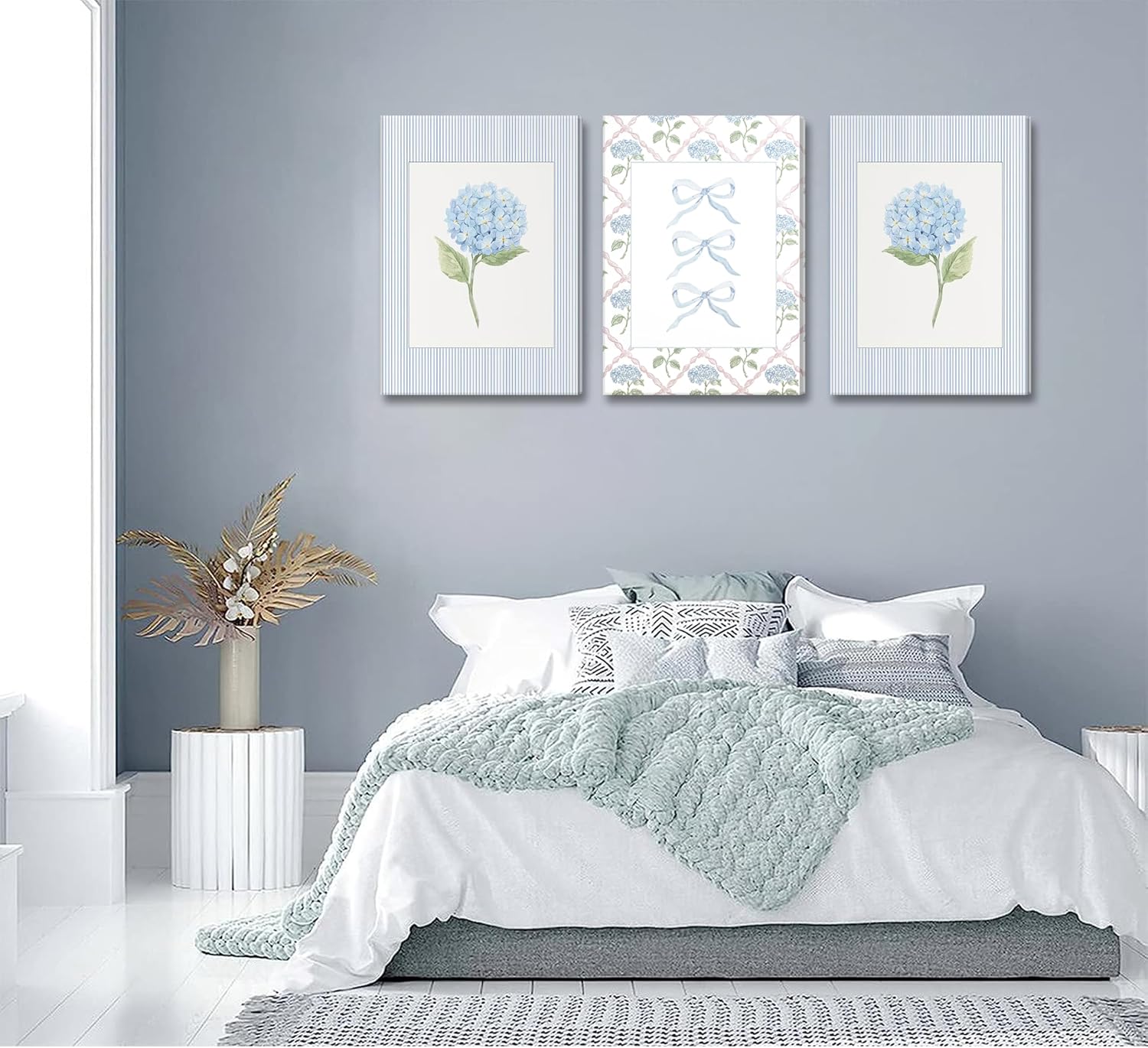 Blue Hydrangea Canvas Wall Art -  Watercolor Bow Coquette Paintings Posters