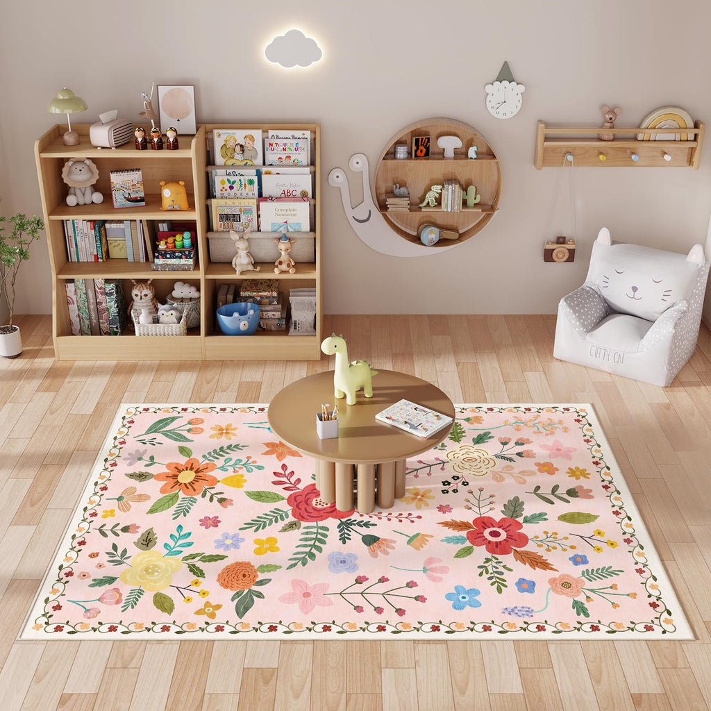 Washable Floral Rugs with Non Slip Backing, Stain Resistant, Floral Soft Low-Pile