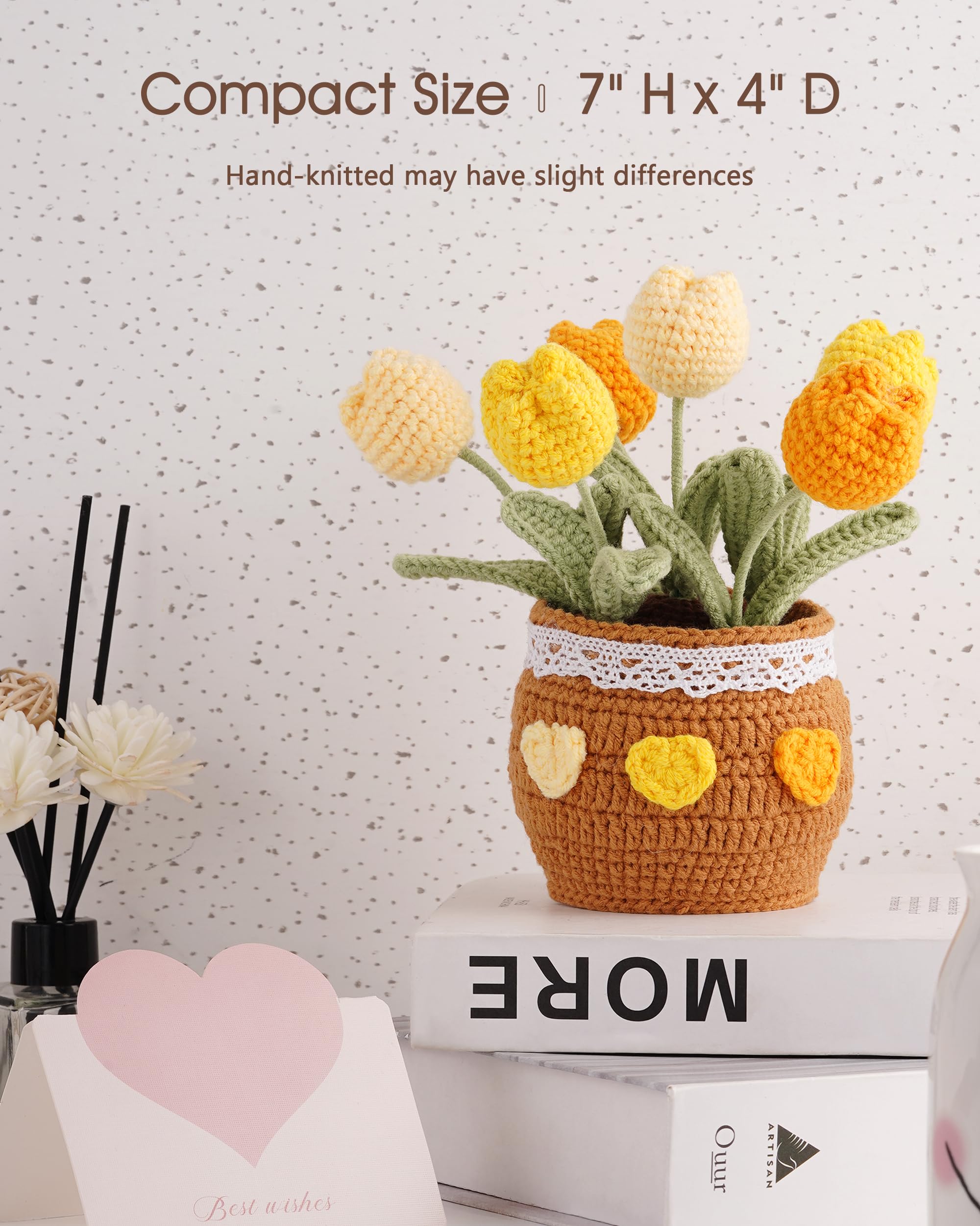 Crochet Tulip Potted Plant - Handmade Cotton Knitted Artificial Flowers, 6 Tulips Pot Plant with Bendable Leaves