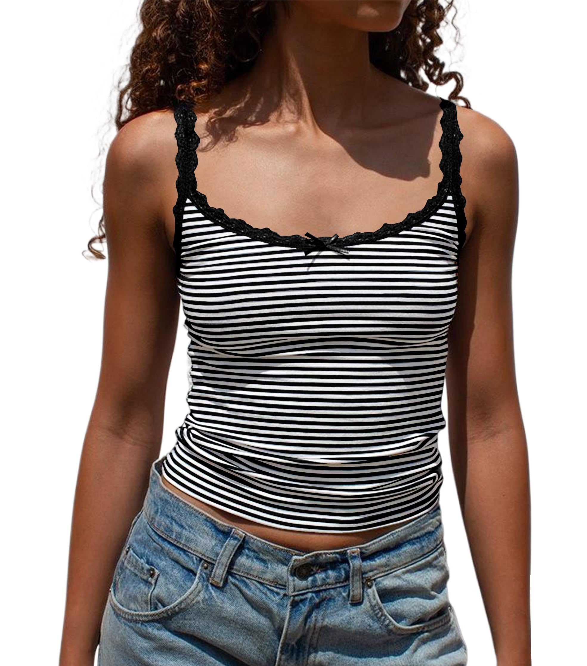 Cute Coquette Women Y2K Striped Camisole Tops Lace Patchwork Scoop Neck Spaghetti Strap Crop Tank Tops
