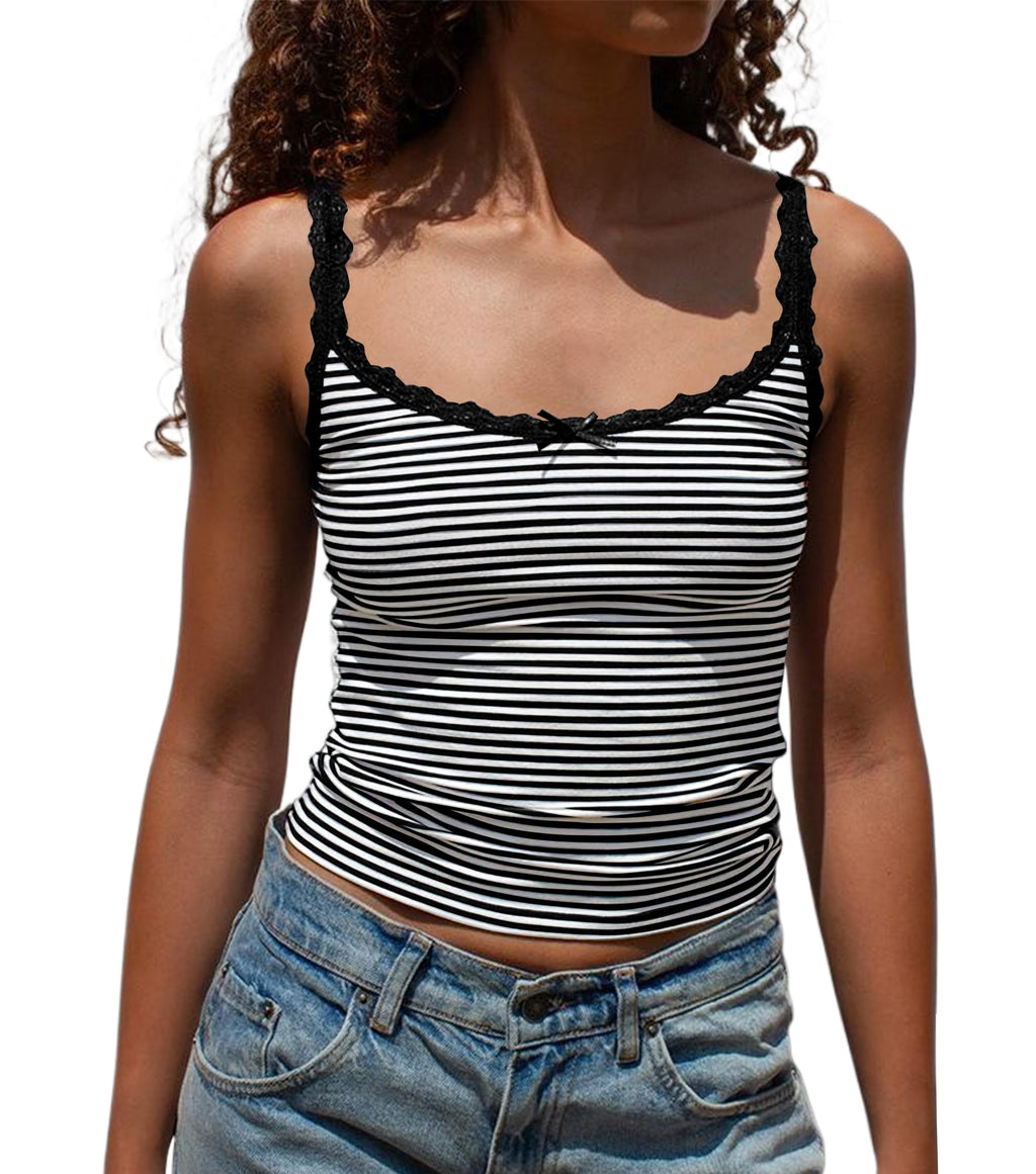 Cute Coquette Women Y2K Striped Camisole Tops Lace Patchwork Scoop Neck Spaghetti Strap Crop Tank Tops