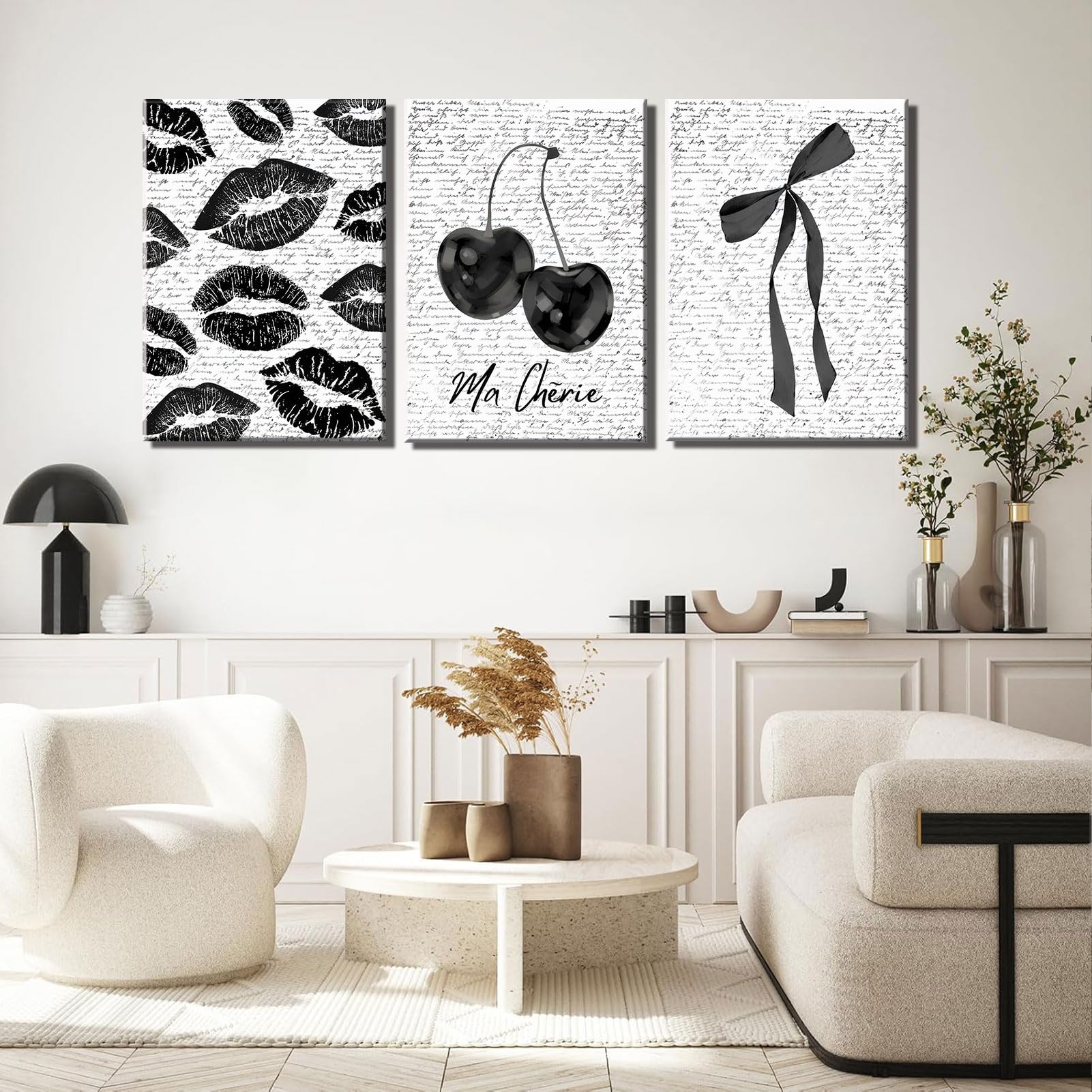 Dark Coquette Vintage Fashion Black White Aesthetic Bow, Lips And Cherry Canvas Wall Art 3Pcs