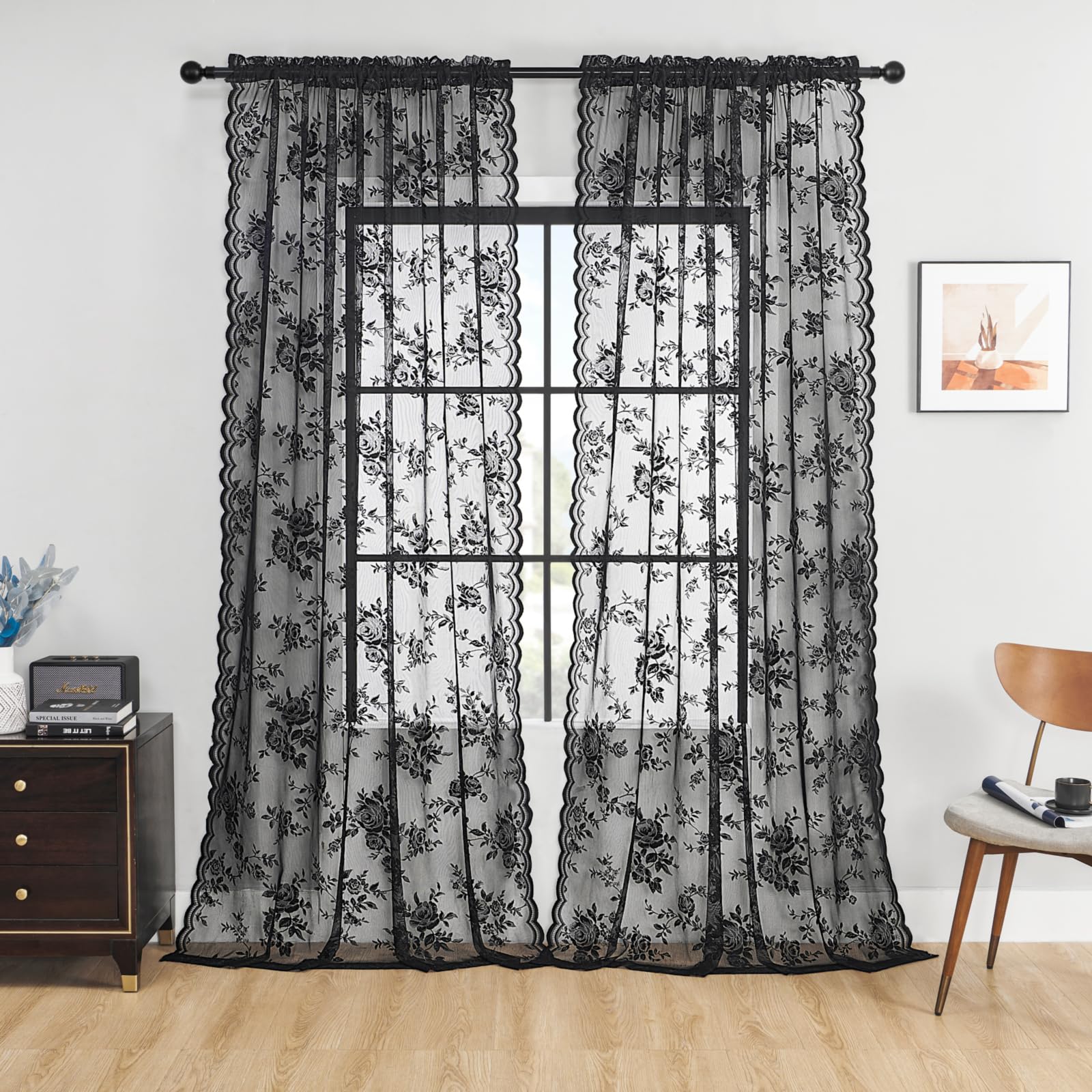 Lace Curtains 2 Panels Set Victorian Floral Sheer Curtains for Living Room Bedroom Girls Room Rod Pocket Light Filtering Romantic French Drapes Window Decor