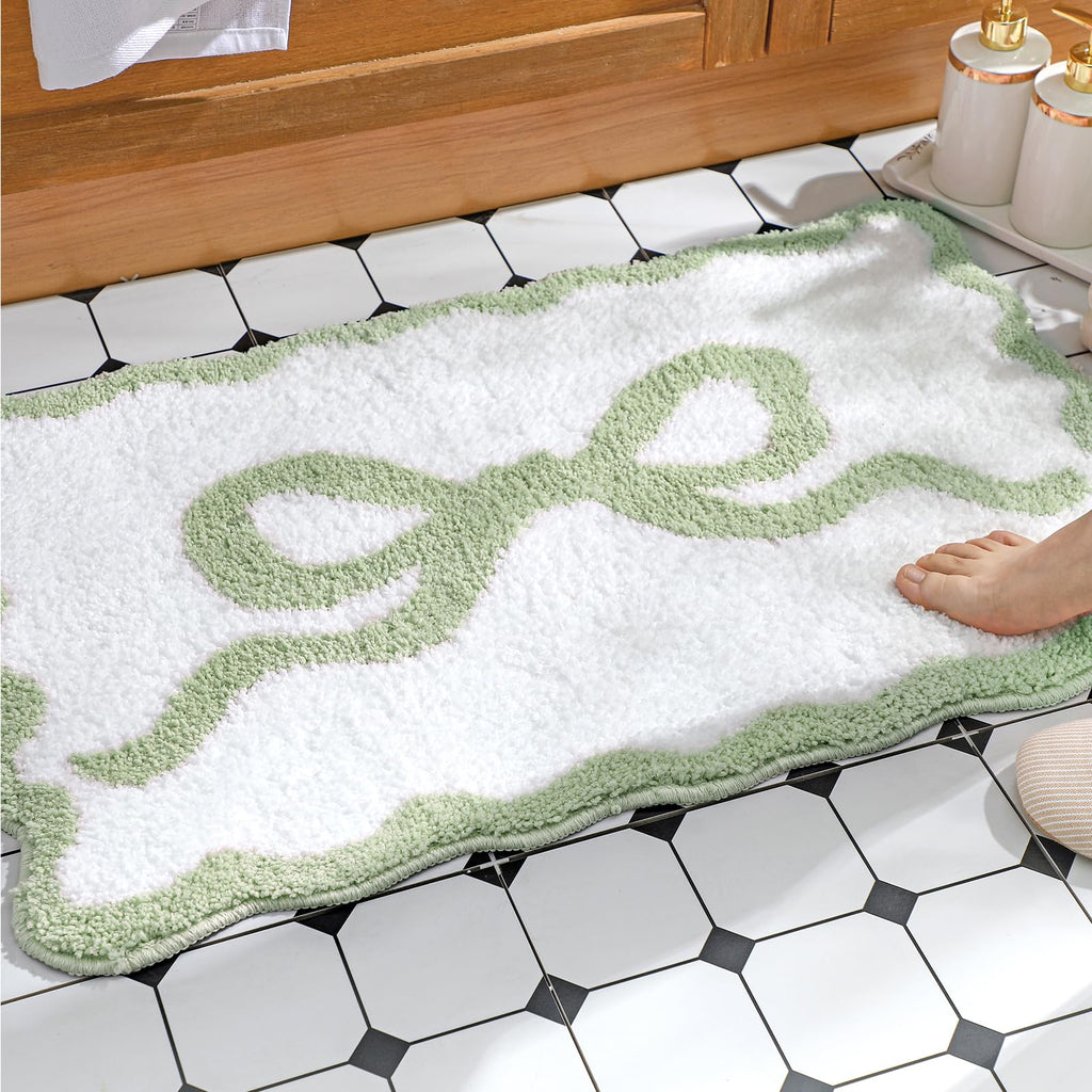 Scalloped Bow Bathroom Mat Non Slip Coquette Bow Rug Cute Aesthetic Scallop Carpet Preppy Room Decor Microfiber Absorbent Bath Rug for Bathroom Bathtub Shower Bedroom(Black,16" X 24")