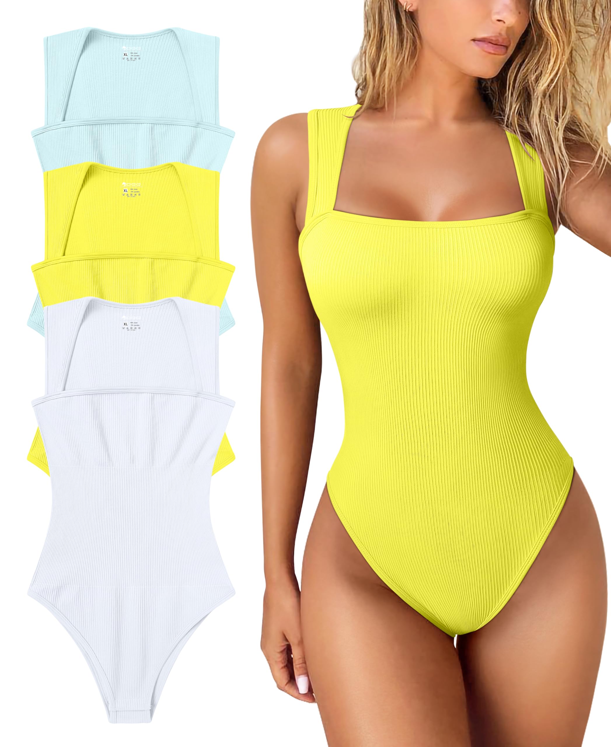 Women's 3 Piece Bodysuits Sexy Ribbed Strappy Square Neck Sleeveless Tummy Control Tank Tops Bodysuits