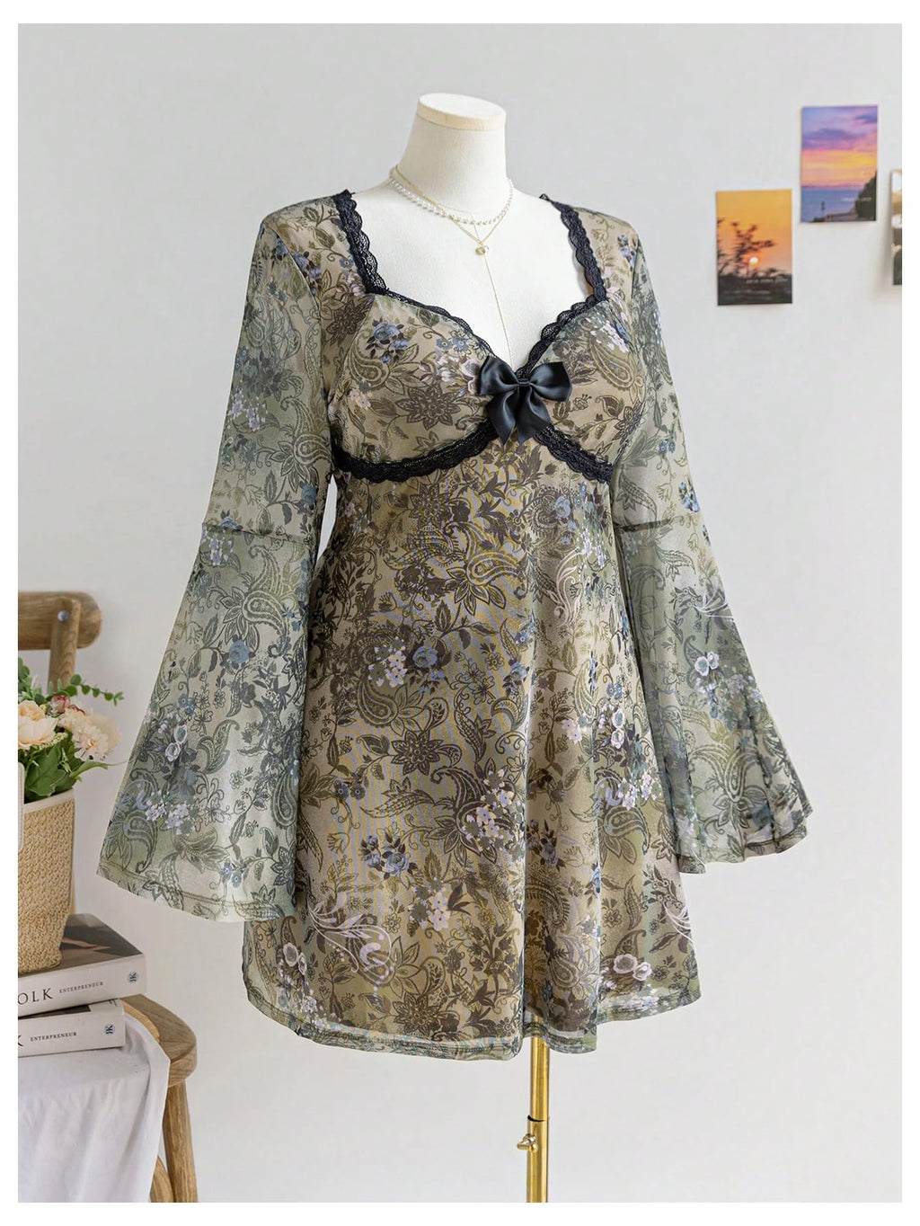 Women's Plus Size Lace Leopard Print Bell Sleeve Bow Front Dress Mini