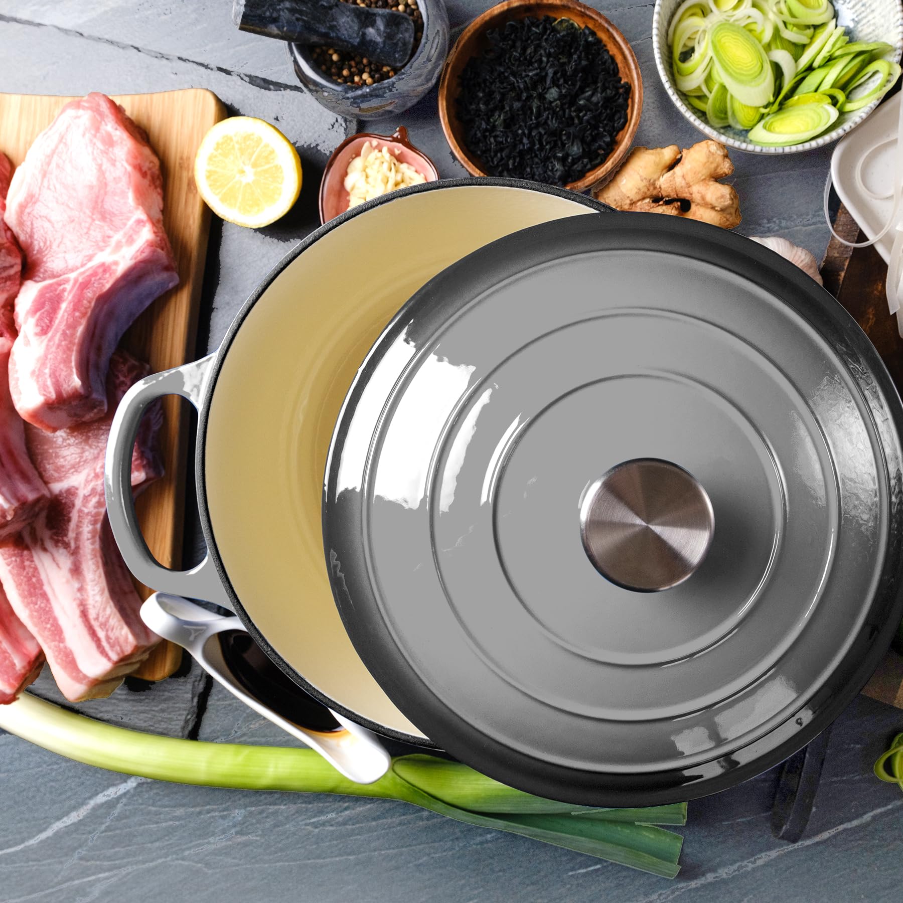 Enameled Cast Iron Dutch Oven with Lid - Big Dual Handles - Round Pot for Versatile Cooking 6 Quart