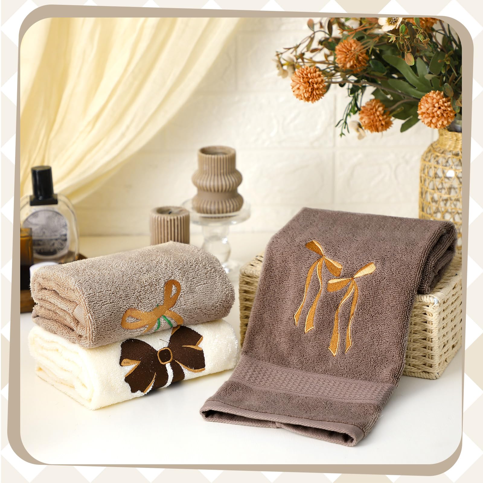 Coquette Bow Embroidered Decorative Towel 100% Cotton Soft Absorbent Kitchen Facecloth Preppy Bathroom Decor 3 Pcs, 13.7 x 29.5''