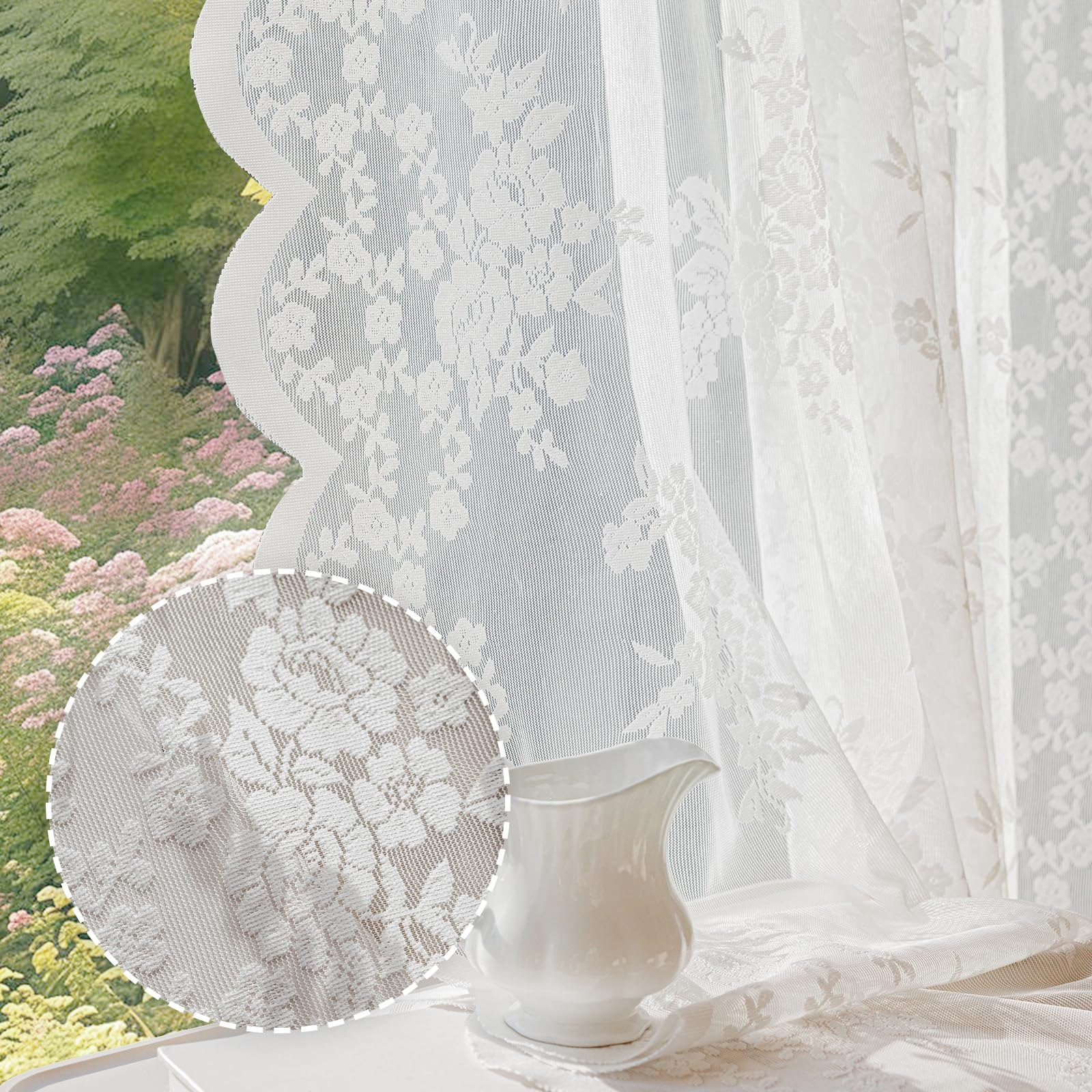 Vintage Lace Curtains, Romantic Semi Sheer Floral Lacy Curtains with Bow Curtain Ties