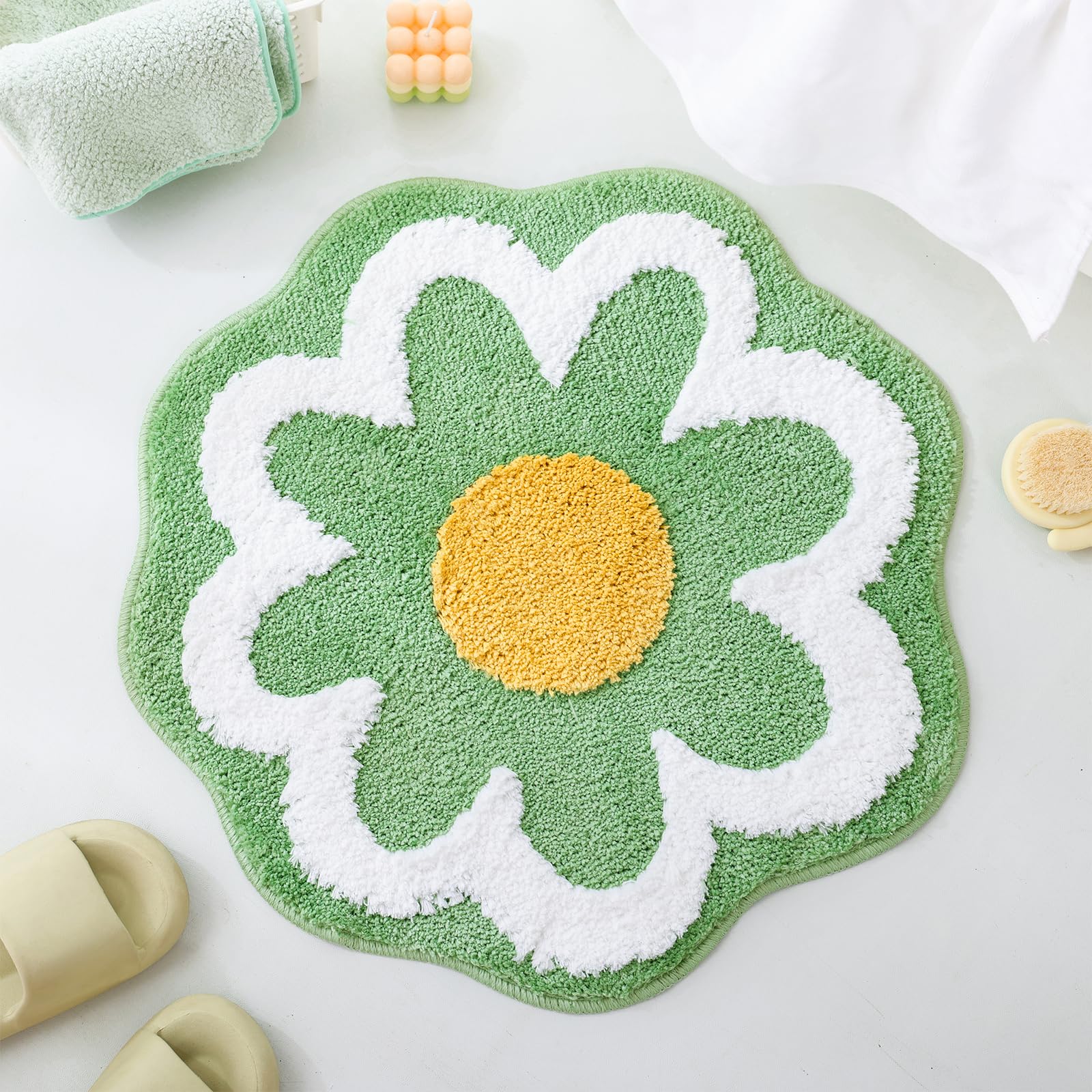 Cute Flower Bath Mat, Machine Washable Bath Rug, Ultra Soft and Fluffy Bathroom Mat, Small Round Non-Slip Water Absorbent Bath Mats for Bathroom Floor, Shower Room and Bathtub