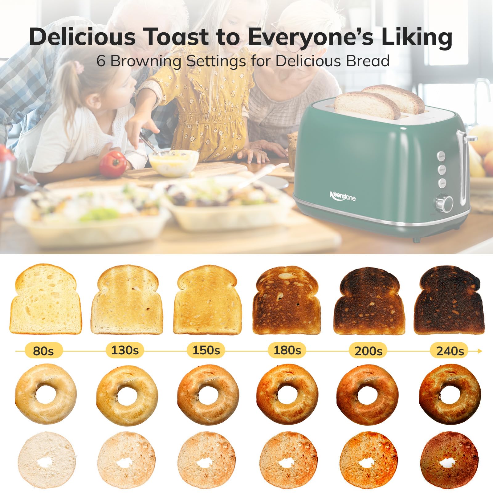 Toaster 2 Slice Stainless Steel with 6 Bread Shade Settings, Retro Toaster with Extra Wide Slot