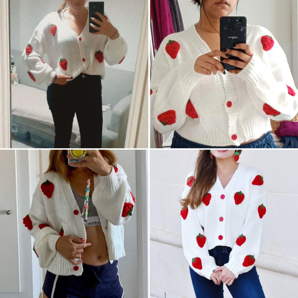 Women's Kawaii Strawberry Embroidered Cardigan Long Sleeve V Neck Chunky Knitted Cardigans