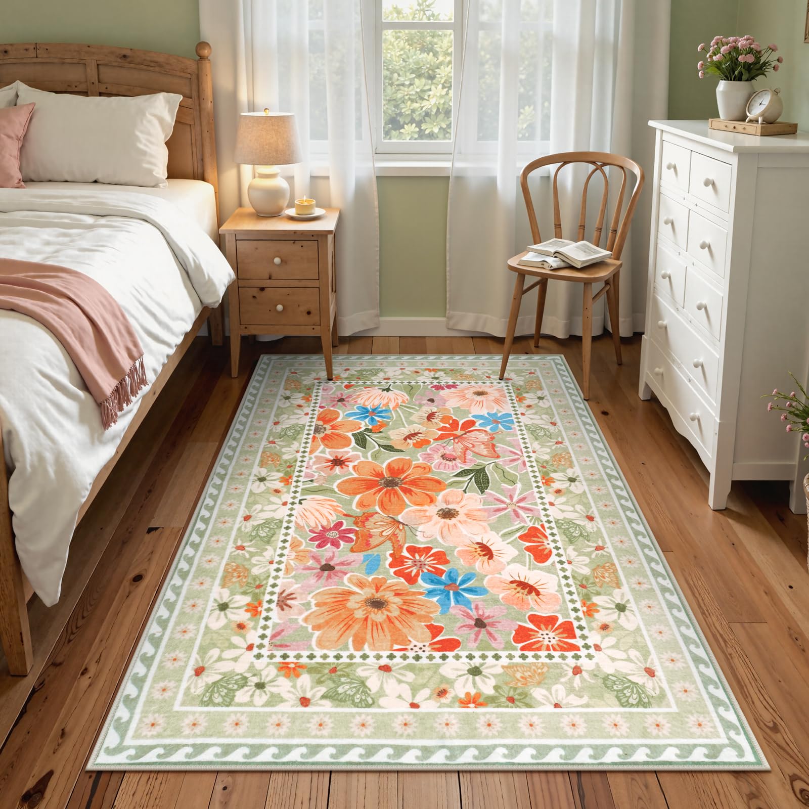 Floral Hallway Runner Rug, Runner Rugs Non Skid Washable, Low Pile Soft Boho Rugs