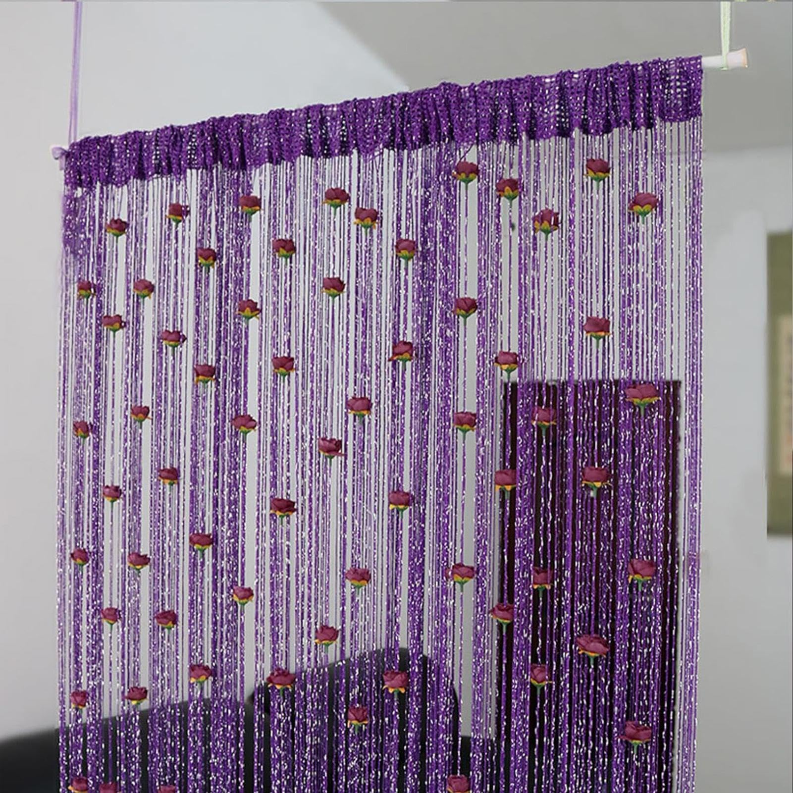 New Beaded String Curtain with Roses - 100 x 200cm Fly Screens for Doors, Tassel Fringe