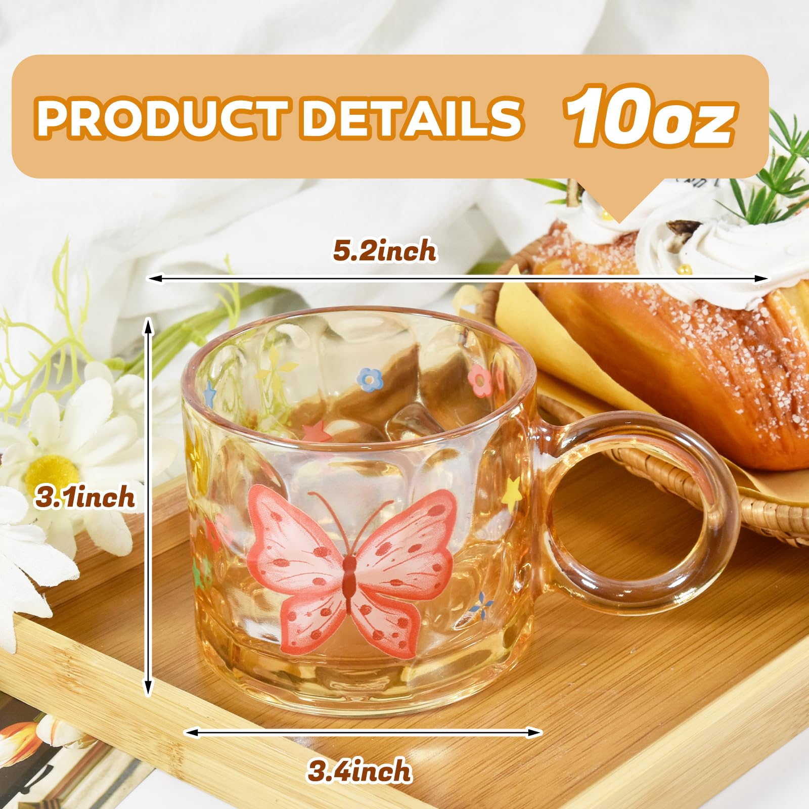 Glass Butterfly l Mugs, 10oz lUnique Glass Cup with Handle