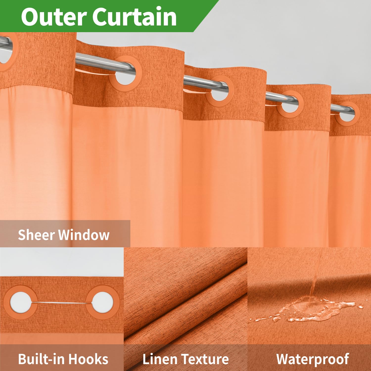 No Hooks Needed Linen Textured Shower Curtain with Snap-in Fabric Liner Set, Luxury Decor Shower Curtains for Bathroom with Mesh Top Window, Waterproof & Washable