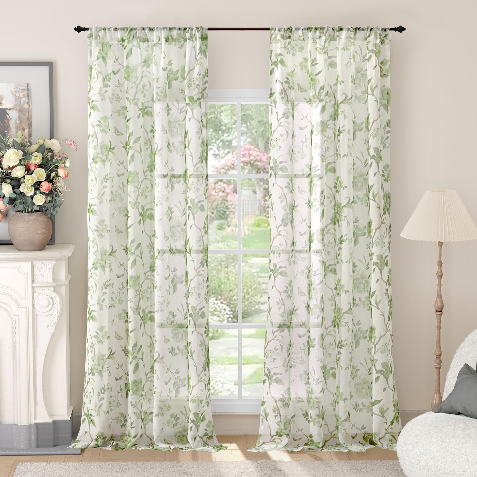 Floral Sheer Curtains, Vintage Light Filtering Semi-Sheer Linen Curtains
