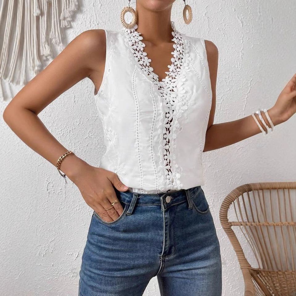 Solid Color Lace Stitching Loose Strap T-shirt