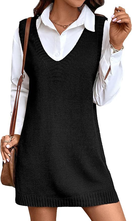Women V-neck A Long Sweater Vest Dress Fashion Rib Knitted Side Slit