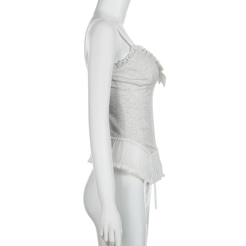 Girl Slim Fit Waist-tight Pure Mesh Vest Pure Desire Wind Sexy Low-cut V-neck Pleated Lace Bow Suspenders