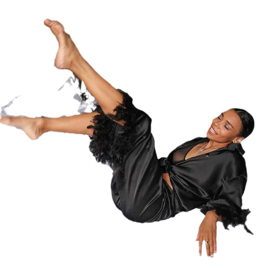 Ladies Autumn Black Satin Stitching Feather Pajamas