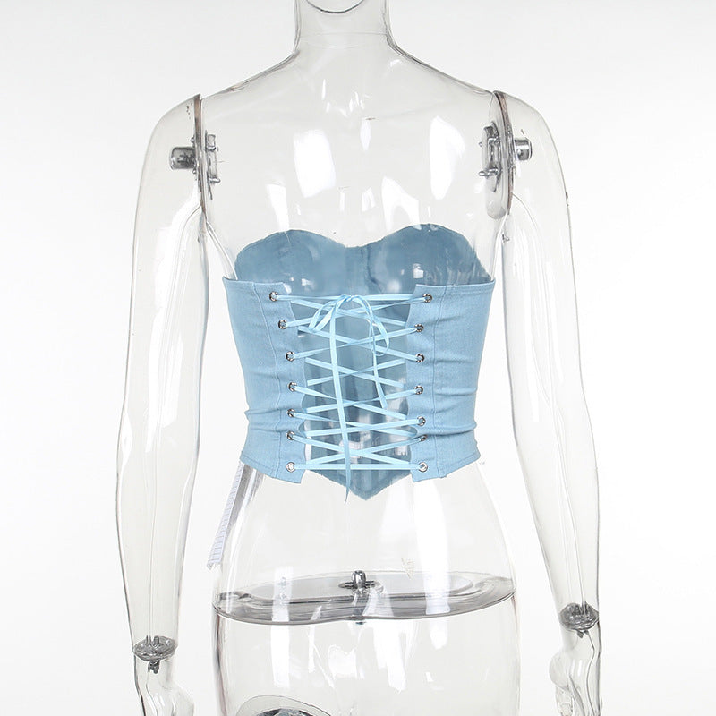 Y2K Denim Tube Vest Top With Back-tied Design Fashion Crop Corset Tank For Women Clothing