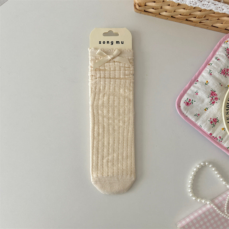 Thin Mesh Hollow Out Bow Mid-calf Length Loose Socks Breathable Sweat Absorbing