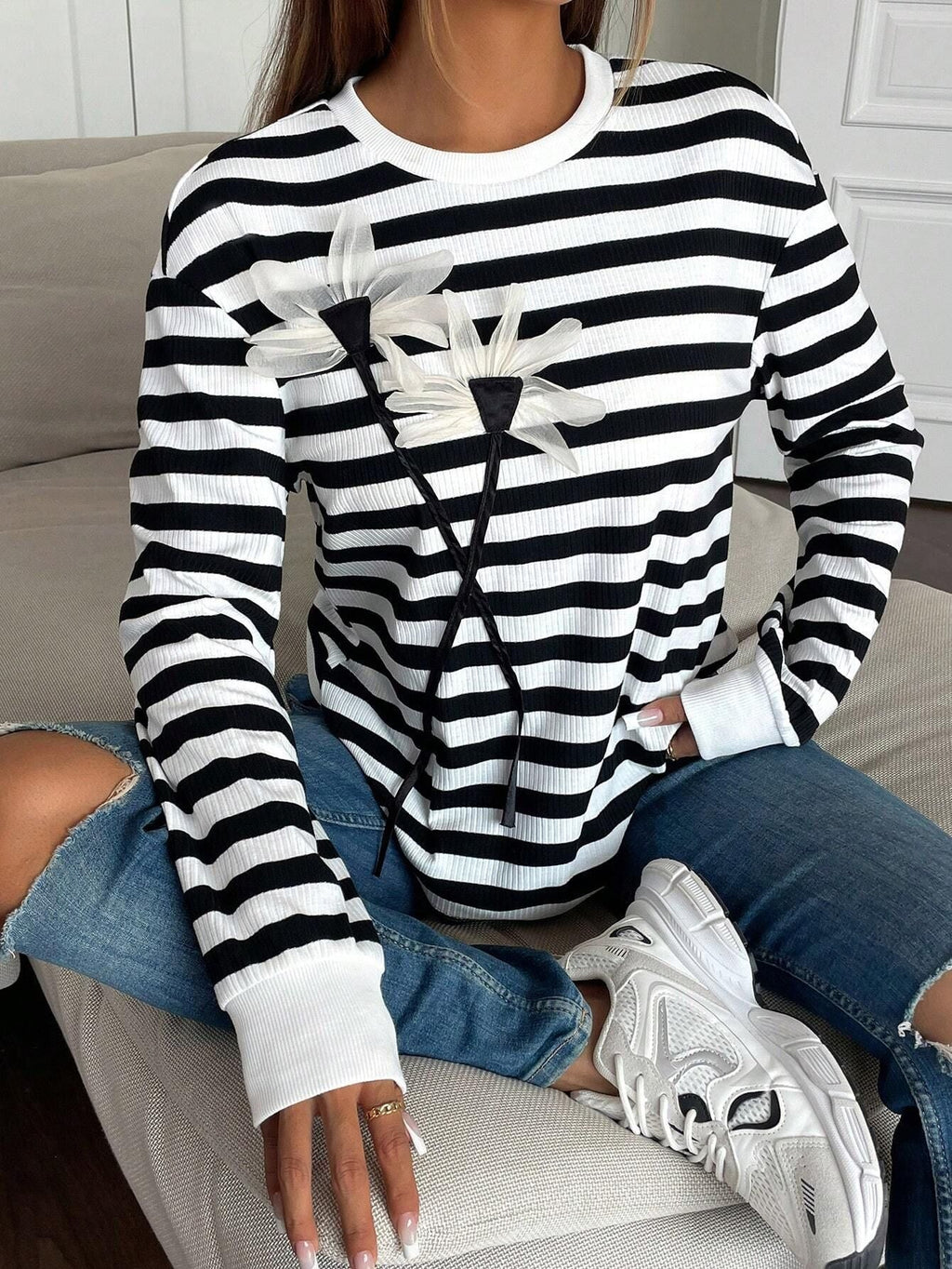 Long Sleeve Crew Neck Striped Floral Sweatshirt