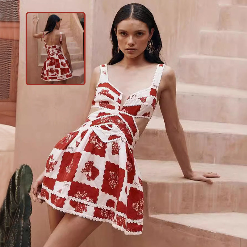 Women's Flower Print Lace Sling Dress Fashion V-neck Waist-baring Dress