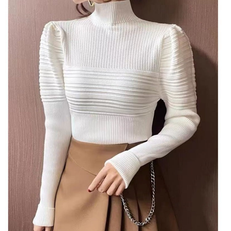 Women's Half Turtleneck Puff Sleeve Knitted Bottoming Shirt