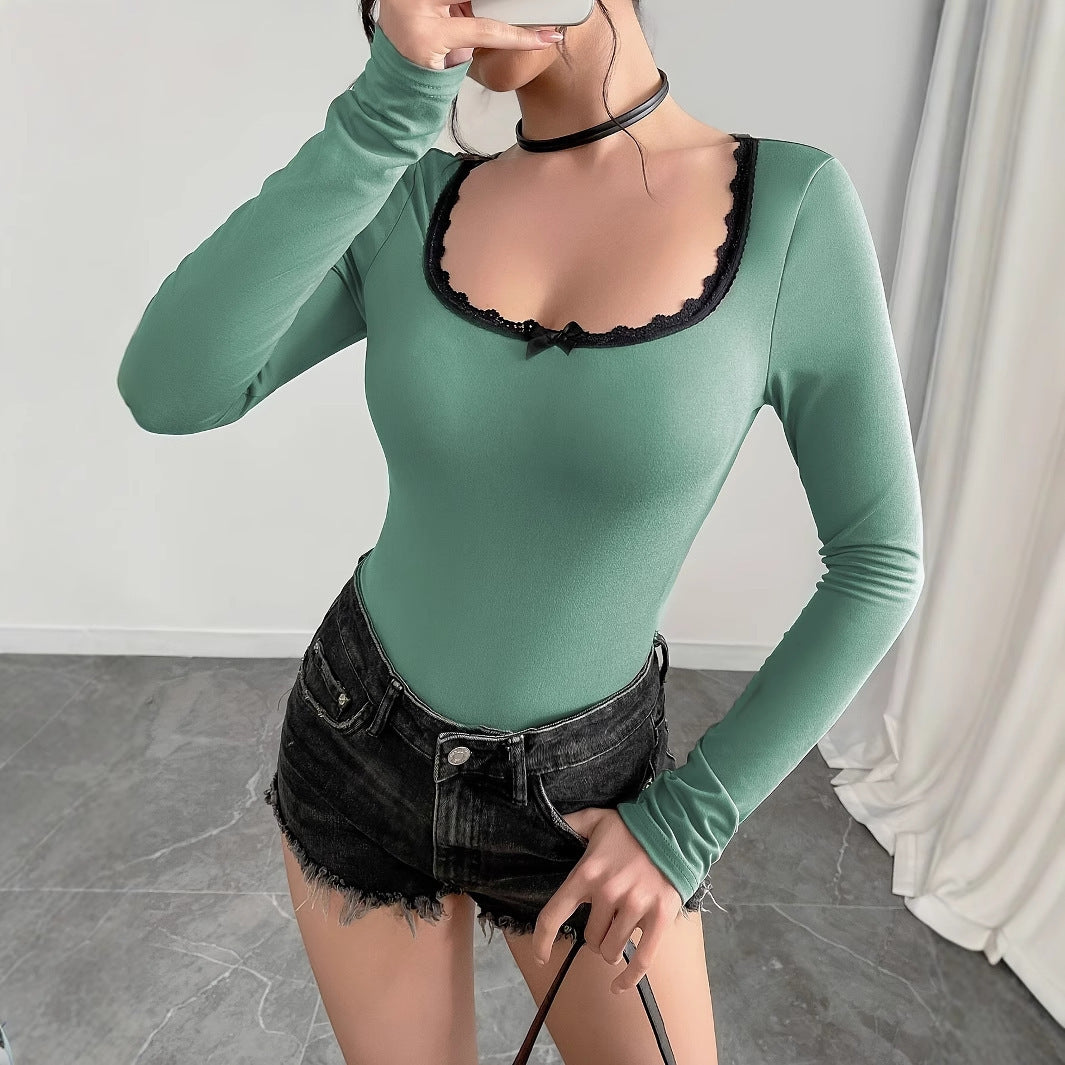 Women's Lace Trim Color Blocking Long Sleeves Bodysuit