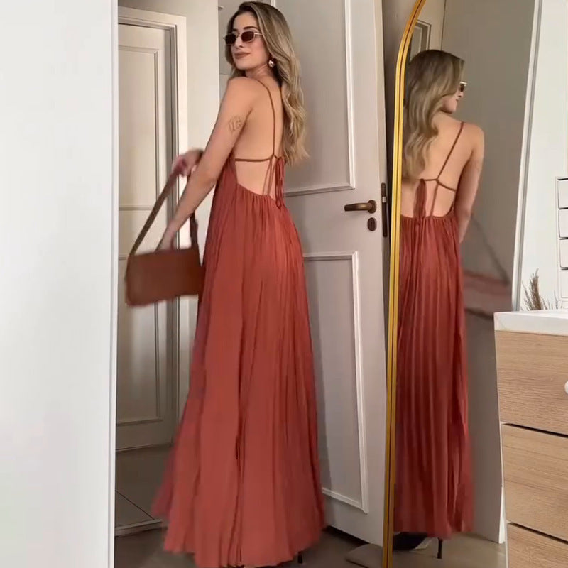 Vacation Spaghetti Straps Pleated Dress