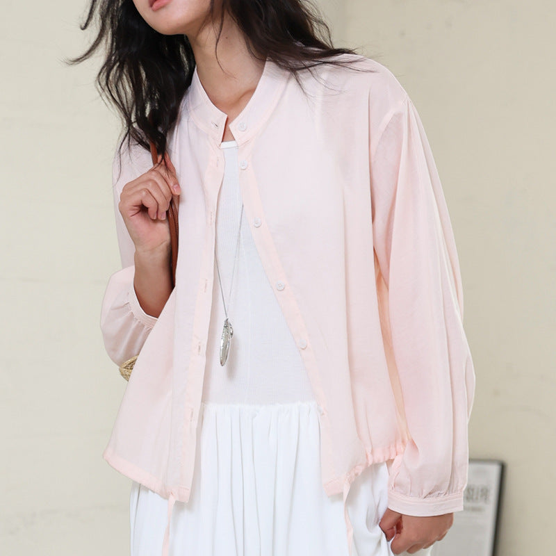 Linen Stand Collar Shirt Light Thin And Loose Button Top