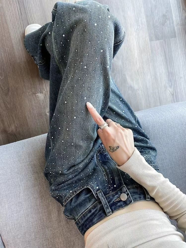Rhinestone High Waist Narrow Wide Leg Jeans