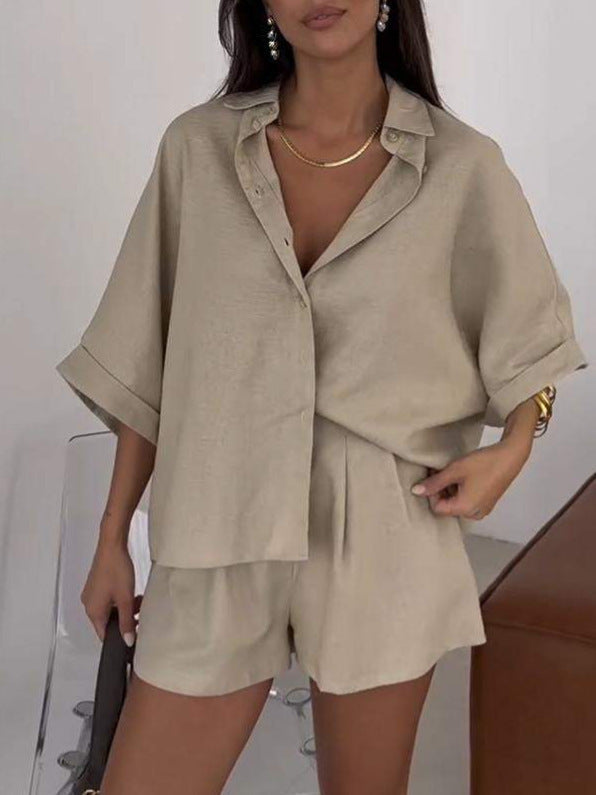 Fashion Polo Collar Half Sleeve Top And Shorts Two-piece Set