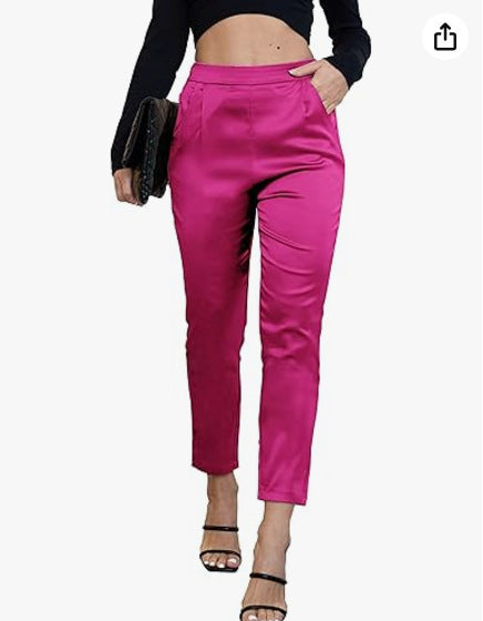 Women's Comfortable Pocket Straight High Waist Acetate Pants