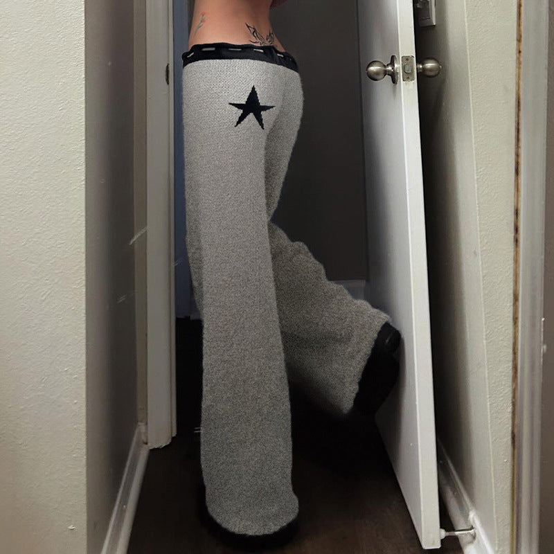 Hot Girl Style Five-pointed Star Lace Up Casual Woolen Trousers