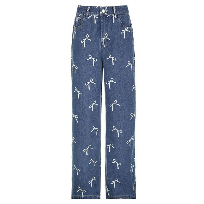 Girly Style Bow Vintage Print Loose Jeans