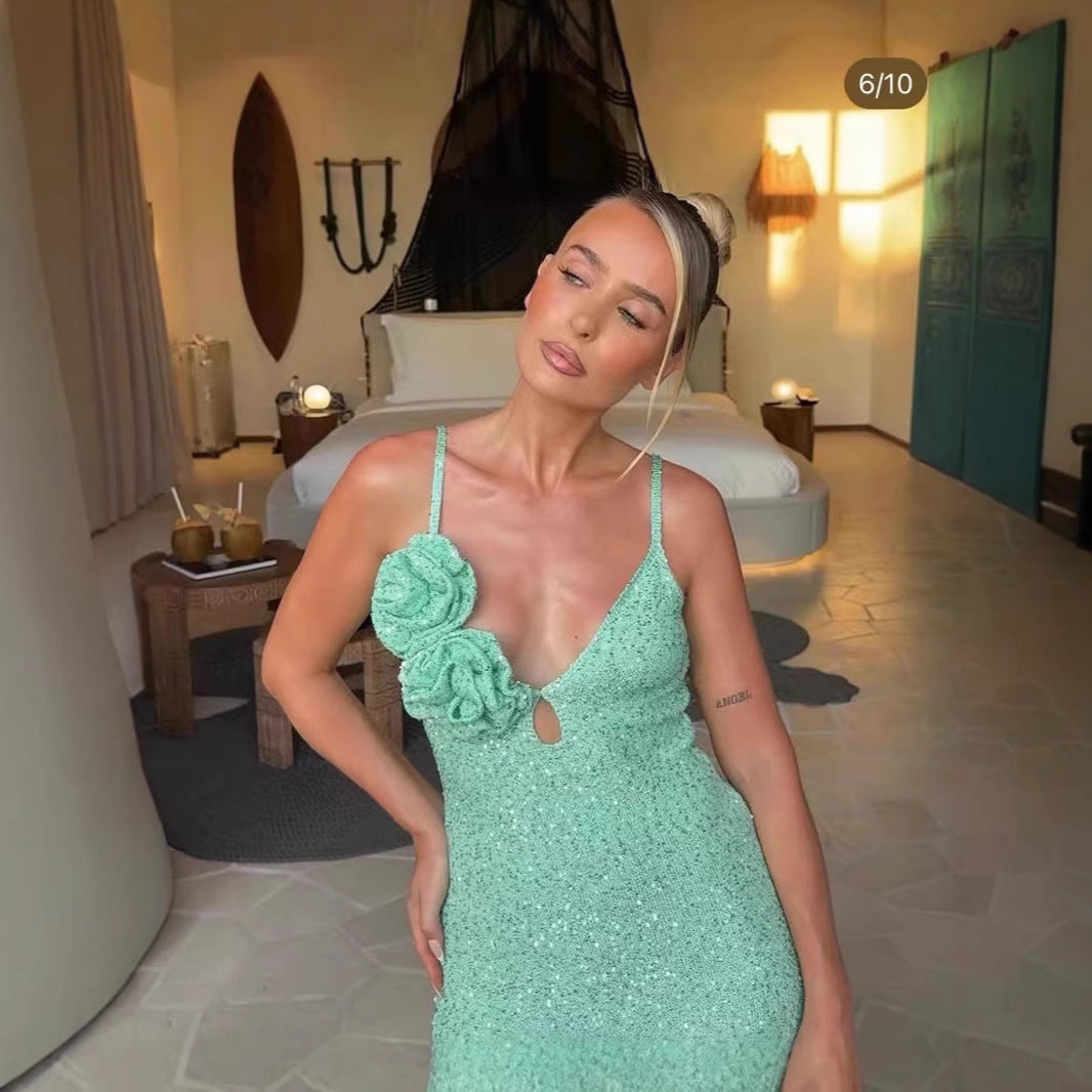 Sequins Dress Deep V-neck Split Sling Backless Dress