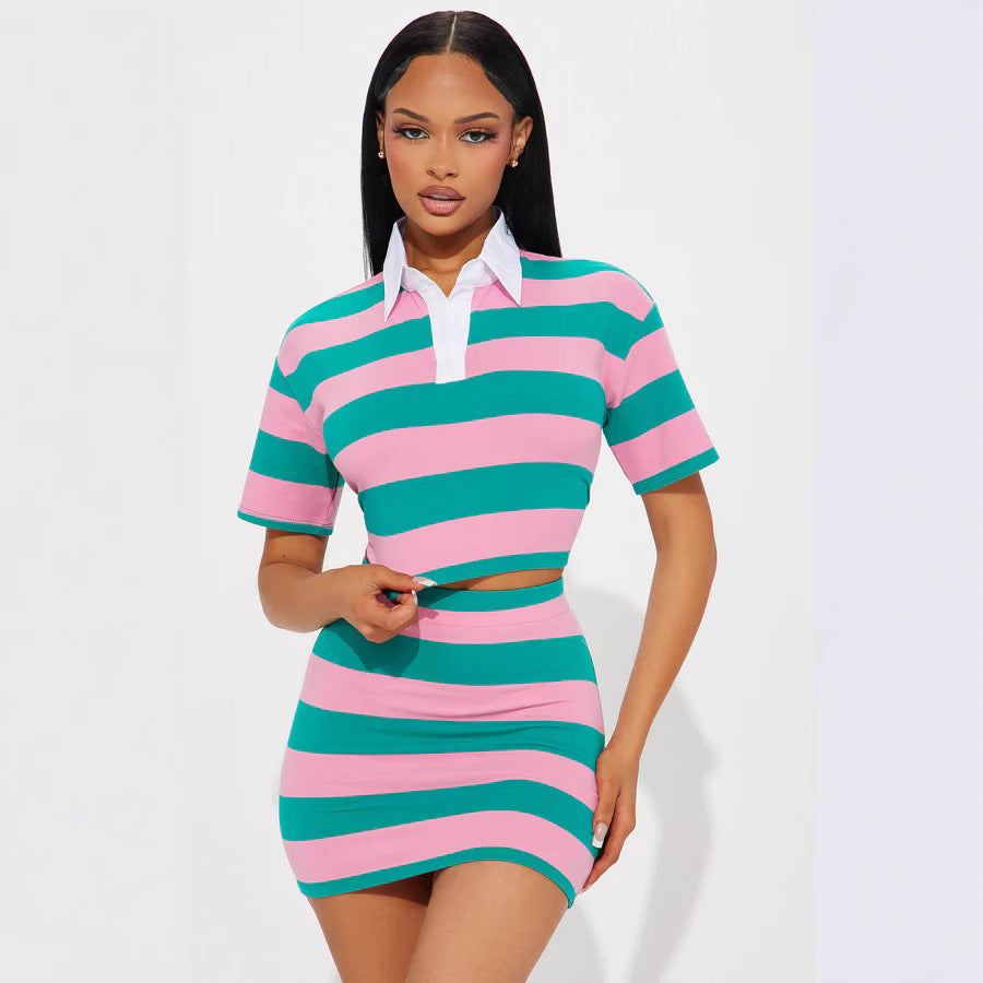 Women's Cropped Striped Shirt Collar Suit