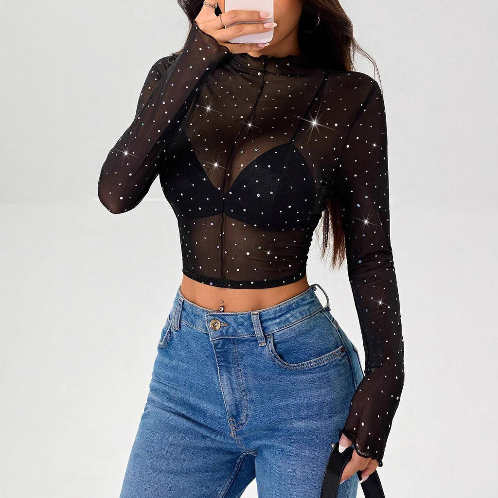 Stand-up Collar Long-sleeved Mesh Transparent Sequined Decorative T-shirt Top