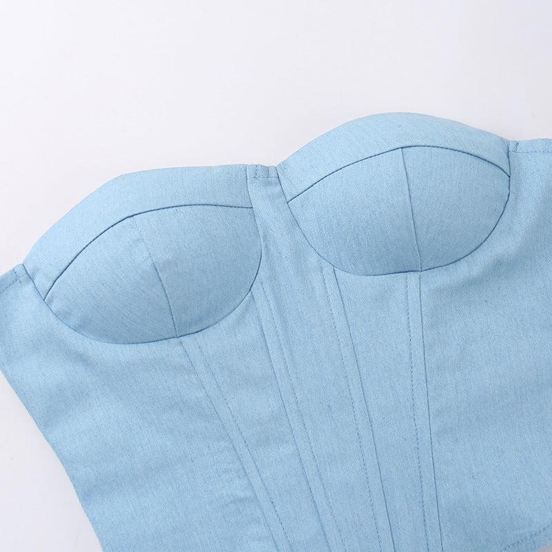 Y2K Denim Tube Vest Top With Back-tied Design Fashion Crop Corset Tank For Women Clothing