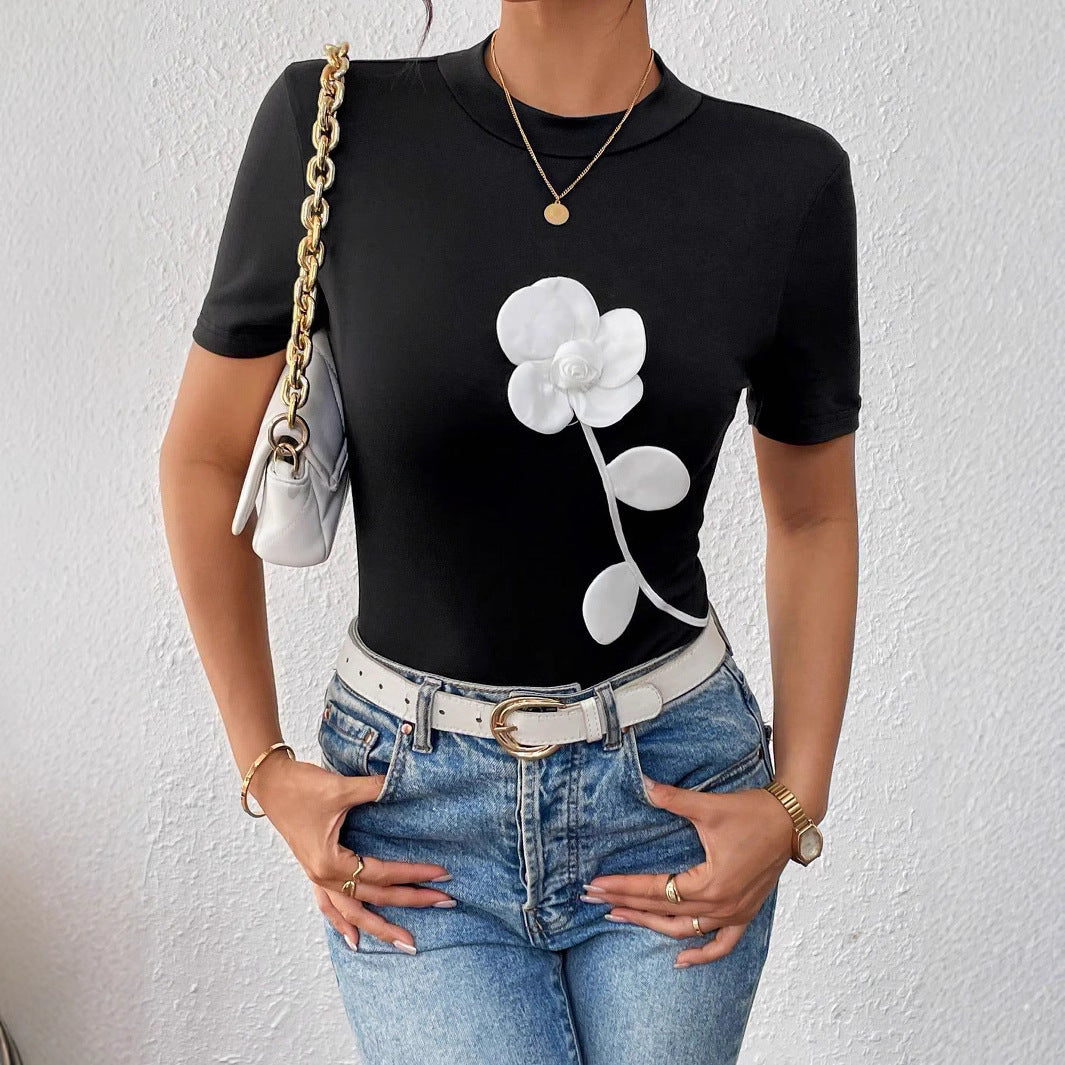 Ladies Contrast Color 3D Floral Embroidered Slim Short Sleeve