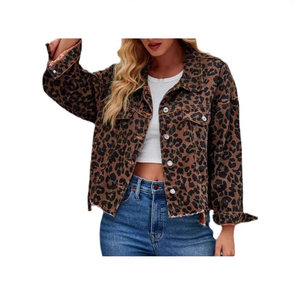 Women Animal Print Frayed Button Short Denim Coat