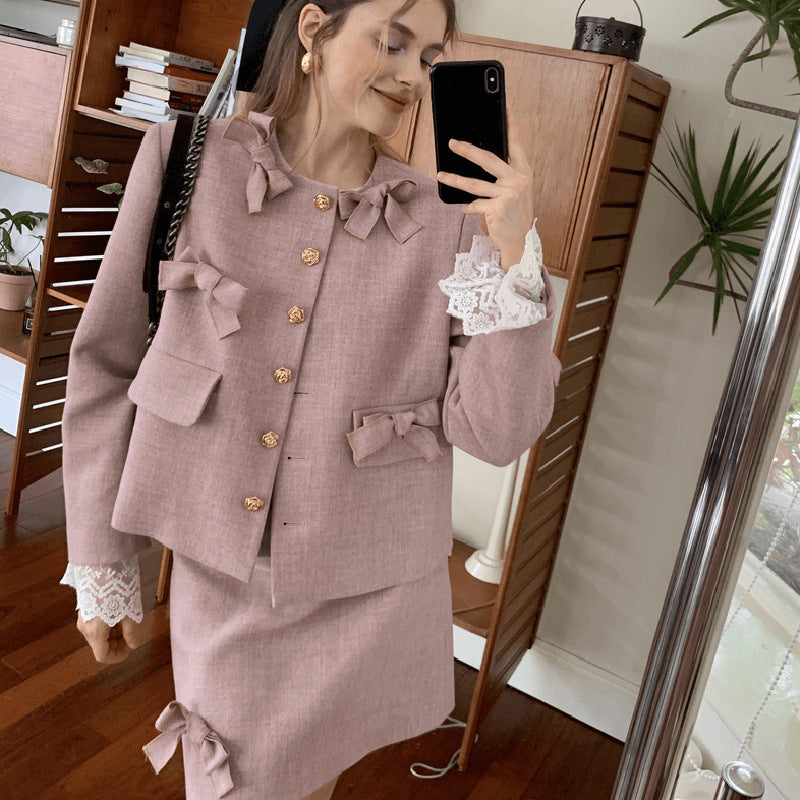 Ladies Bow Coat A- Line Short Skirt Two-piece Set Design Sense