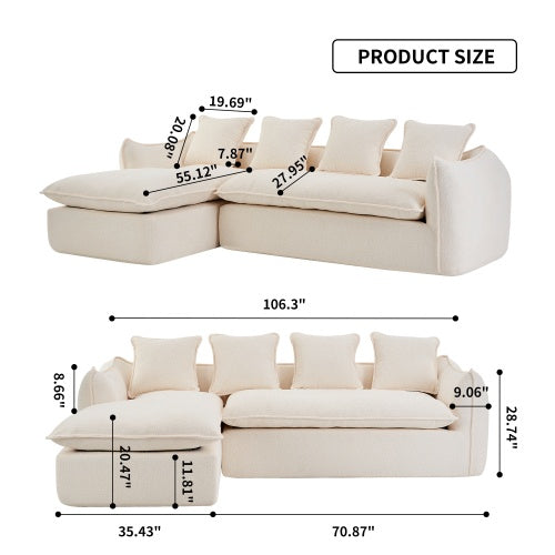 Deep Seat Sofa 3 Seater For Living Room Oversized Comfy Sofa L-Shape Sofa Couch With Chaise Home Furniture Sleeper Sectional Sofa For Apartment, Office Left Hand Facing