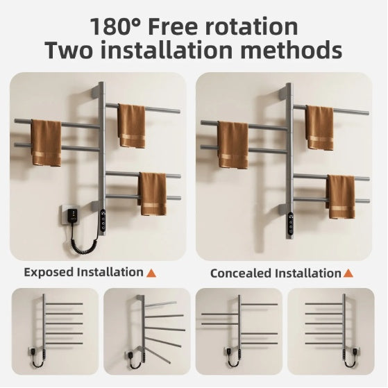 Electric Towel Warmer  Rotating Heated Towel Rack With 1 9H Timer  85W Wall Mounted 5 Bars Electric Towel Rail Concealed Installation Towel Warmer For Bathroom Black