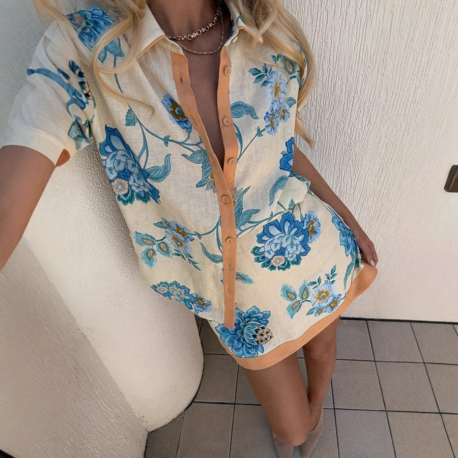 Short Sleeve Shirt Printed Skirt Set